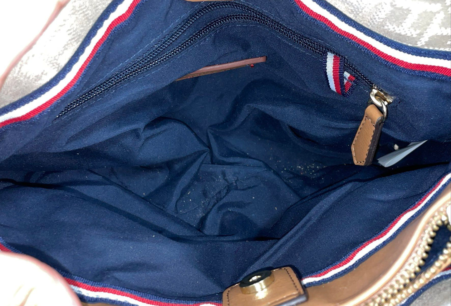 Tommy Hilfiger Tan Monogram Jacquard Crossbody Tote Bag Gold Tone Hardware