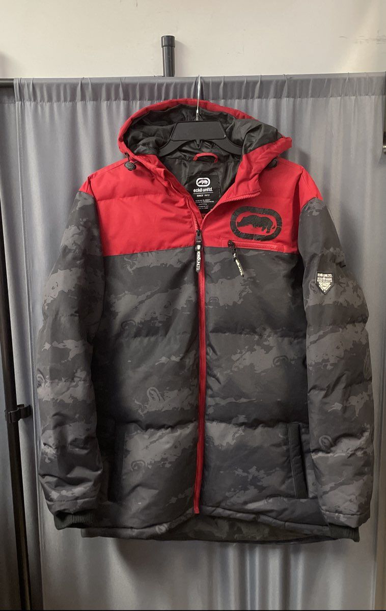 Ecko Unltd Men's Hooded Parka Jacket Red Black Urban Camo Insulated Puffer Sz L