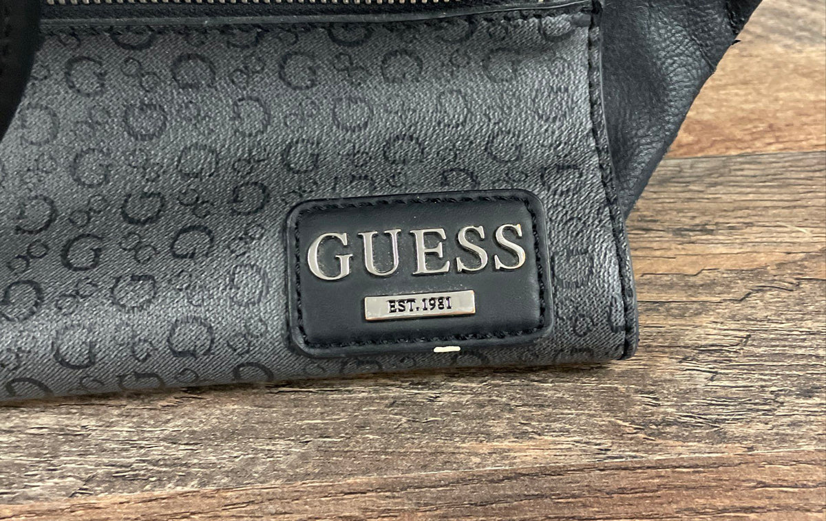 Guess Grey Black Monogram Logo Satchel Handbag Silver Hardware