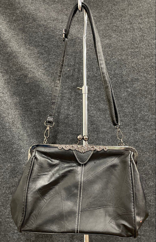 Vintage Black Leather Patchwork Kiss Lock Crossbody Bag Silver Filigree Frame