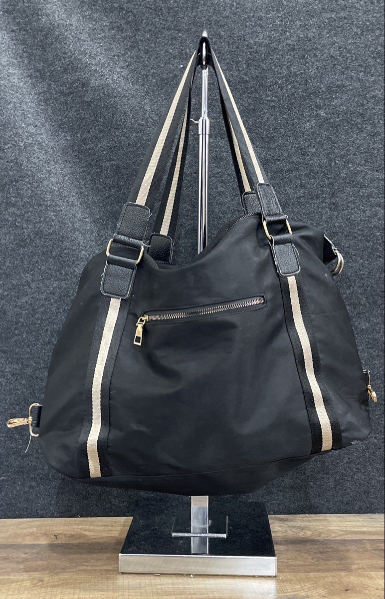 Beverly Hills Polo Club Black Fabric Tote Bag Striped Straps Gold Hardware