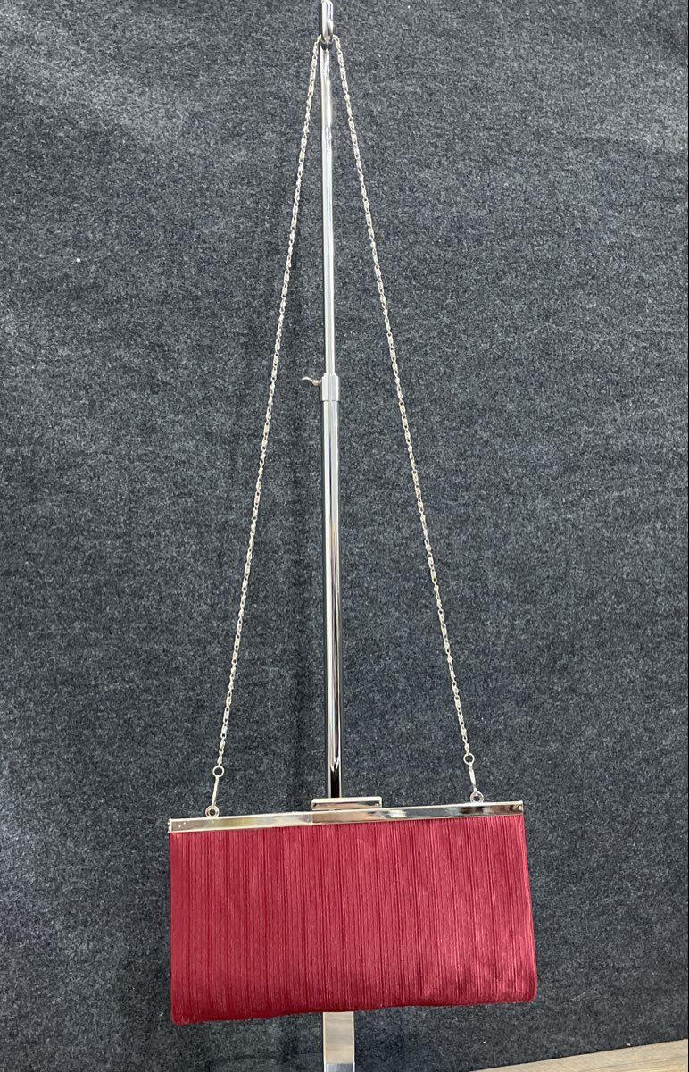 Camille La Vie Red Fabric Pleated Evening Clutch Shoulder Bag Silver Tone Chain