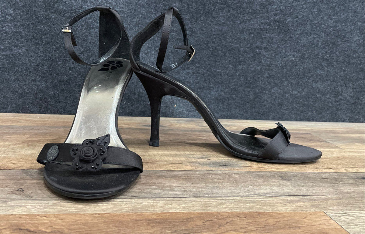 Fioni Black Floral Embellished Ankle Strap High Heel Sandals Size 9.5