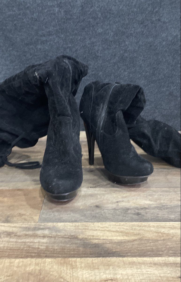 Ami Clubwear Black Faux Suede Platform Stiletto Over The Knee Boots Size 6.5