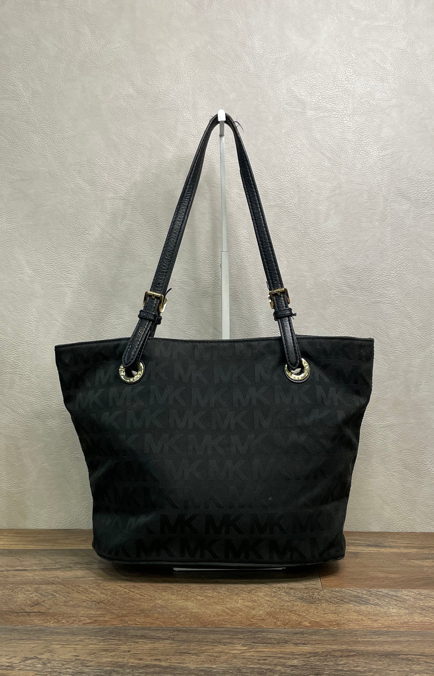 Michael Kors Black Monogram Canvas Tote Bag Gold Hardware Adjustable Straps