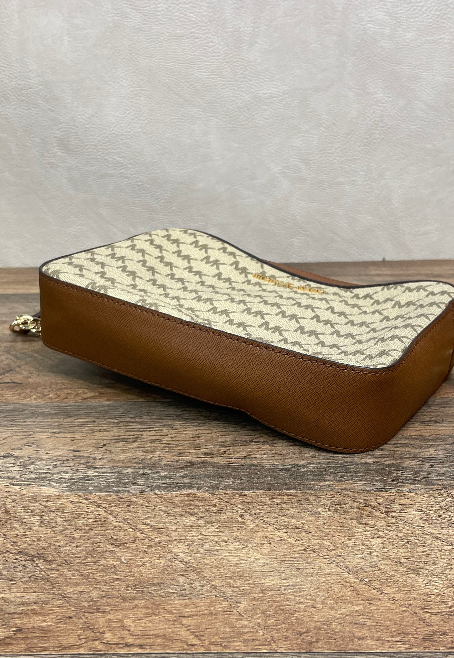 Michael Kors Brown Tan Signature MK Monogram Crossbody Camera Bag Gold Hardware