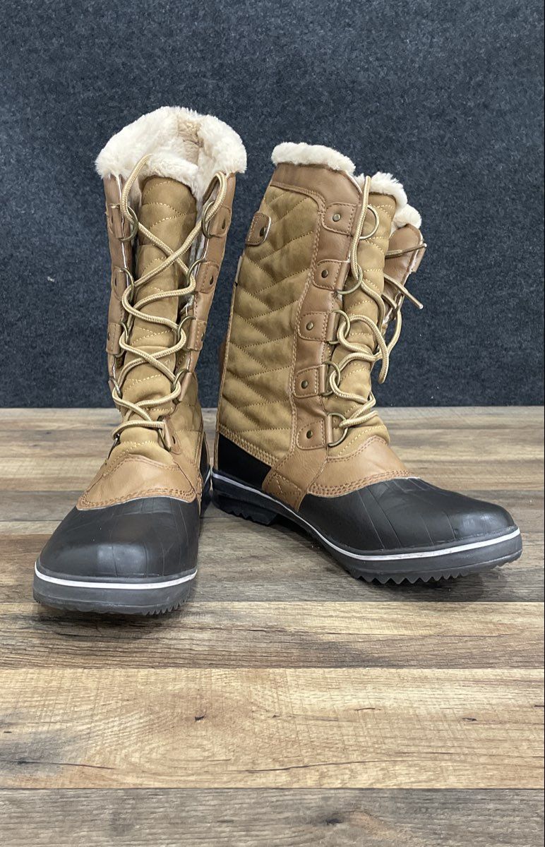 JBU Lorna Tan Brown Black Faux Fur Winter Snow Duck Boots Women's Size 9.5