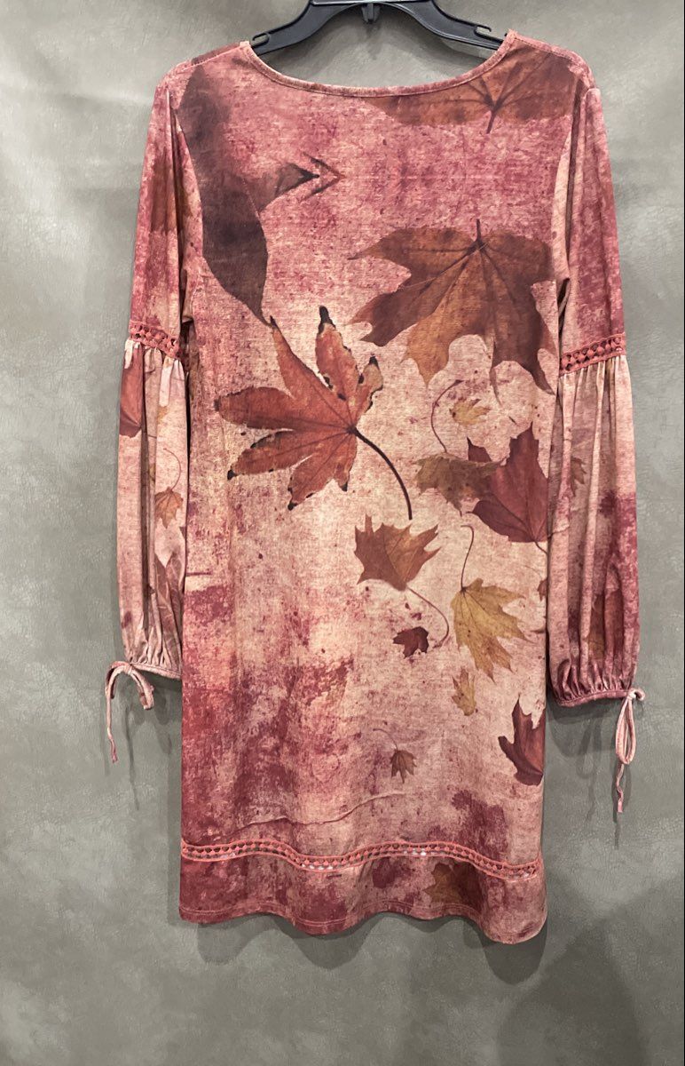 OneWorld Women's Red Floral Maple Leaf V-Neck Bishop Sleeve Lace Dress Sz S