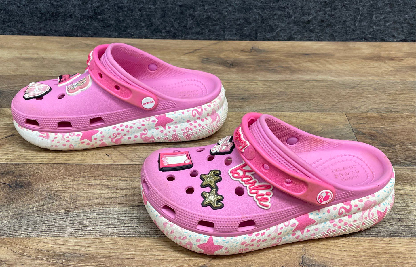 Crocs Barbie Classic Clog Pink White Patterned Sole with Charms Youth Size J4