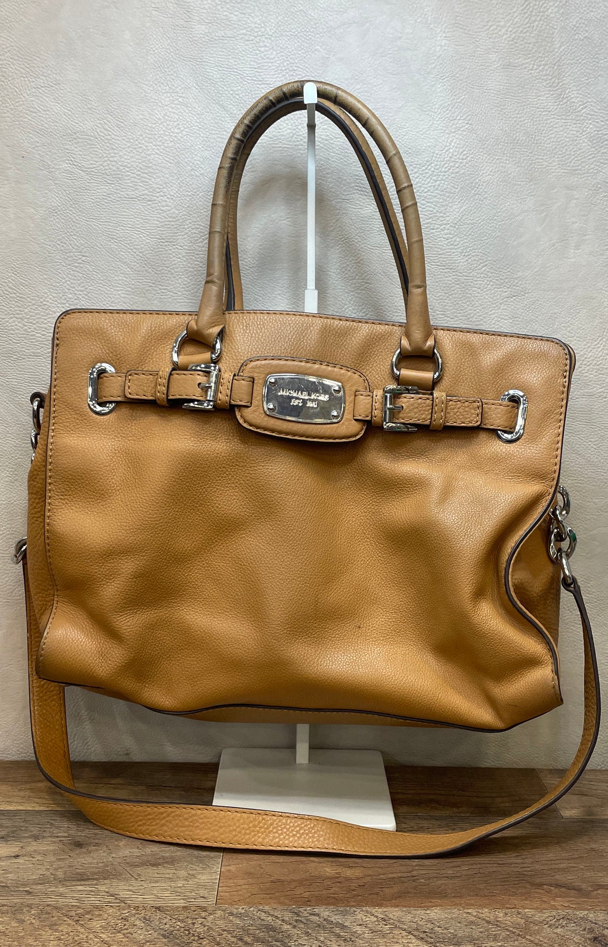 Michael Kors Tan Pebbled Leather Belted Satchel Tote Bag Silver Hardware