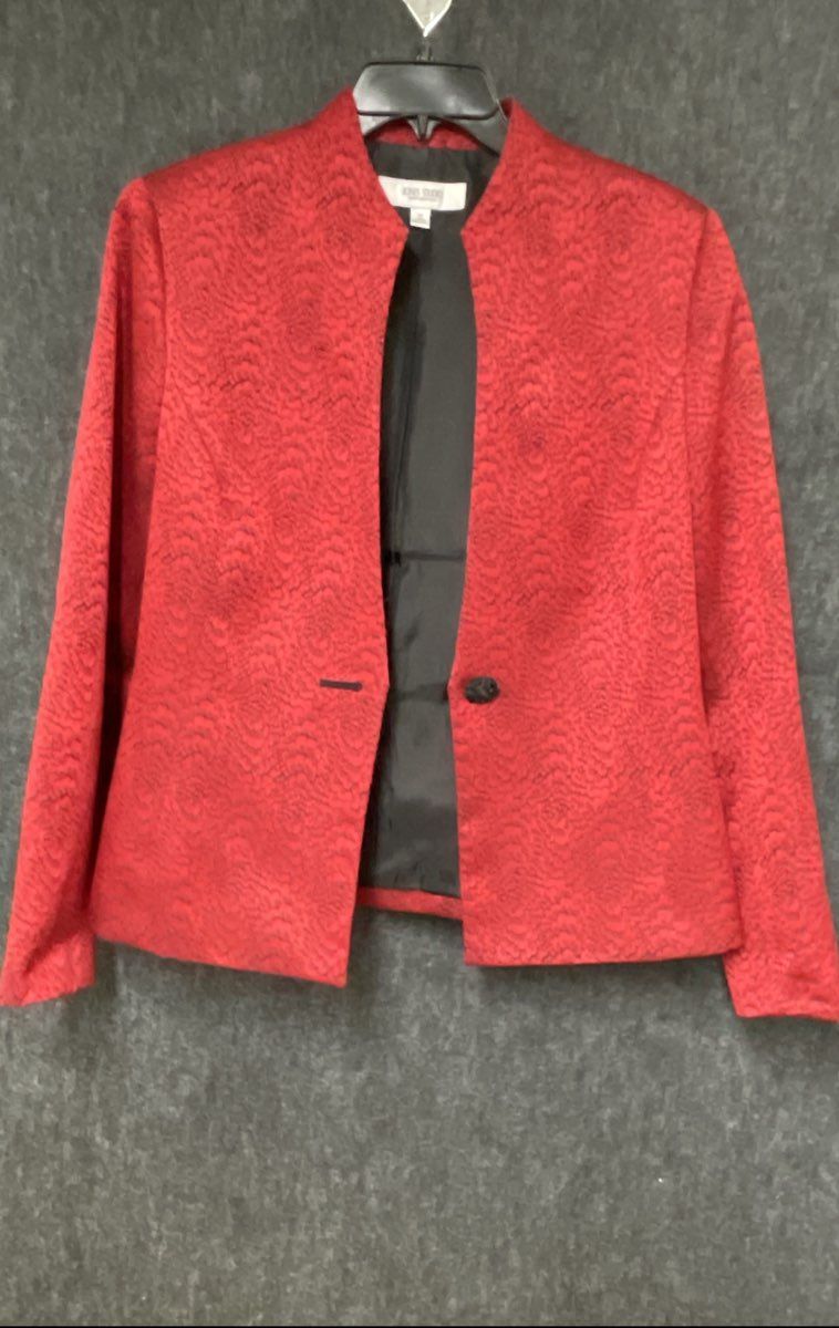 Jones Studio Women's Red Black Textured Jacquard Mandarin Collar Blazer Sz 12