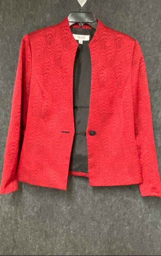 Jones Studio Women's Red Black Textured Jacquard Mandarin Collar Blazer Sz 12