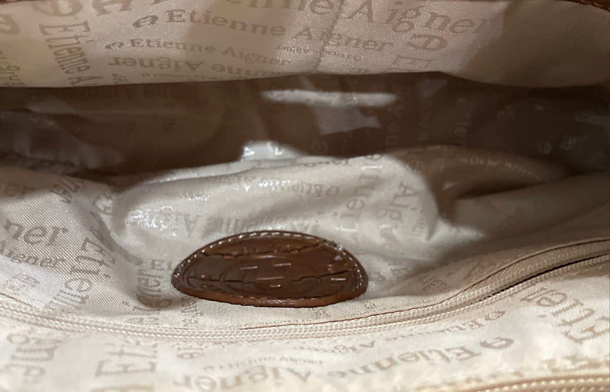 Etienne Aigner Tan Woven Straw Brown Croc Leather Shoulder Bag Small