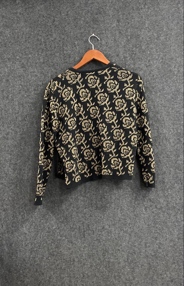 Vintage 70s SallyGee Women's Cardigan Sweater Black Gold Metallic Floral Open
