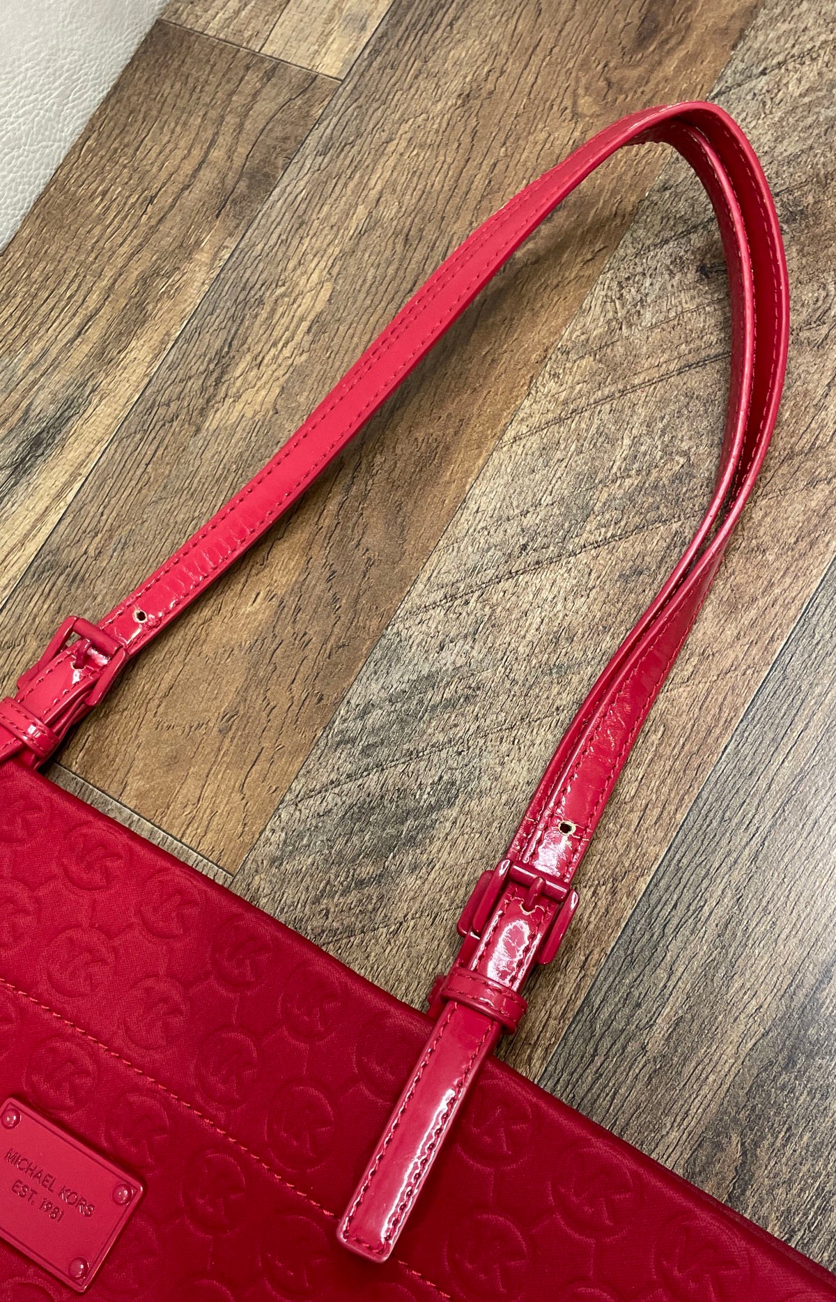 Michael Kors Red Embossed Neoprene MK Logo Tote Bag Patent Trim