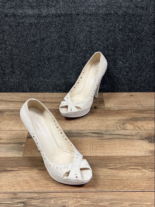 Christian White Leather Peep Toe Laser Cut Platform Pumps Size 35