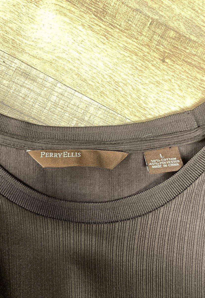 Perry Ellis Men's Brown Vertical Stripe Ribbed Short Sleeve T-Shirt Size L