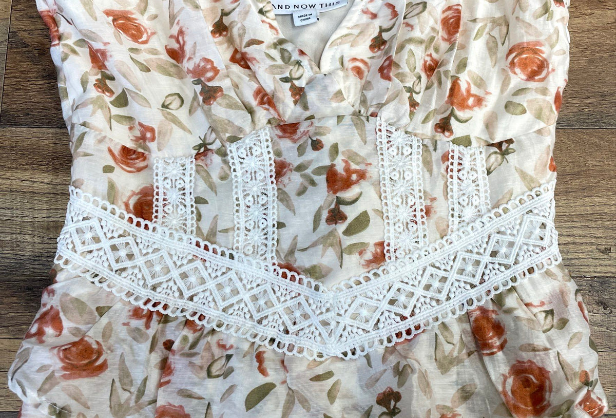 And Now This Women's Floral Maxi Dress Orange Cream Lace Trim Peplum Sz XS