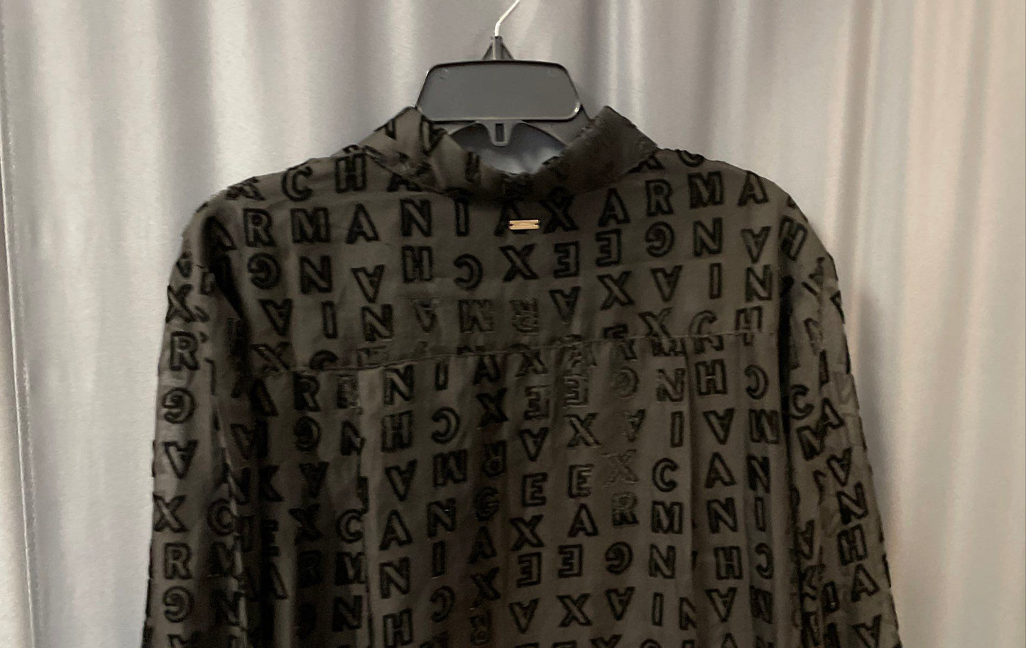 Armani Exchange Women's Black Sheer Logo Flocked Devore Button Up Shirt Sz L