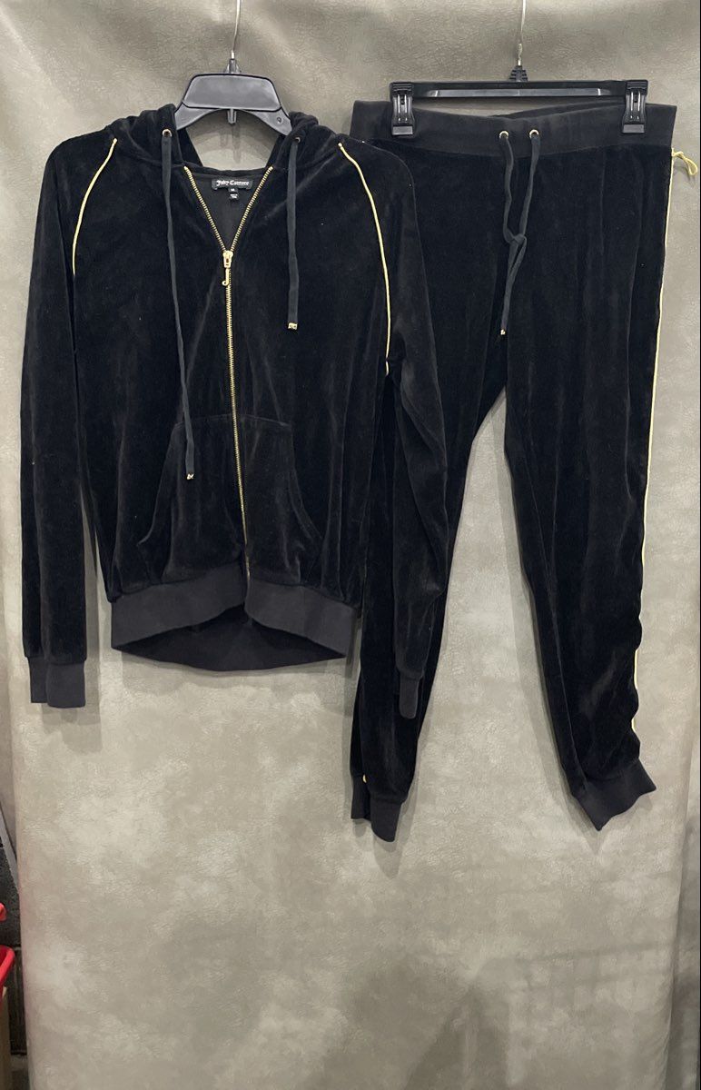 Juicy Couture Women's Tracksuit Set Black Gold Piping Hoodie Joggers Sz M