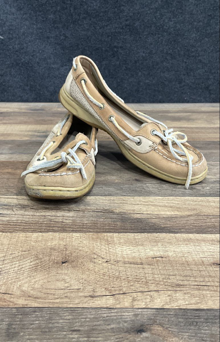 Sperry Angelfish Linen Oat Brown Leather Mesh Boat Shoes Women's Size 7.5