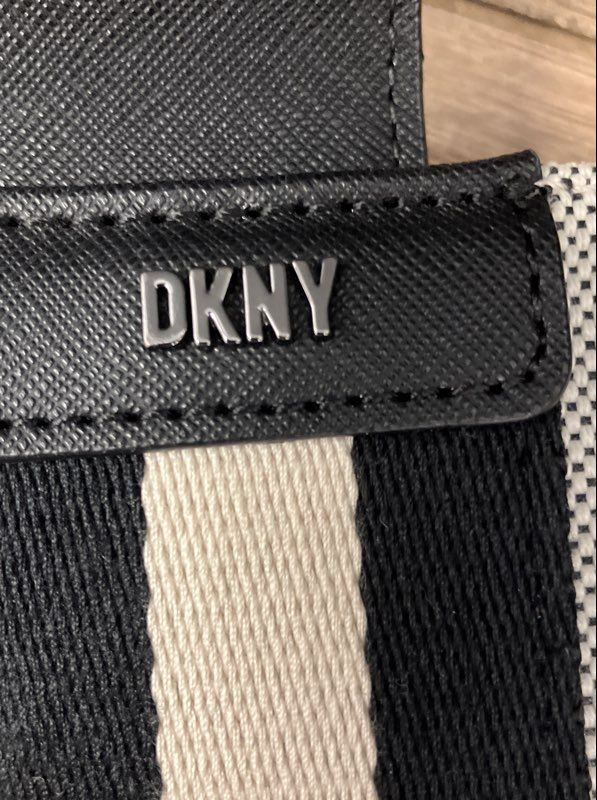 DKNY Tan Black Striped Canvas Tote Bag Large Saffiano Leather Trim