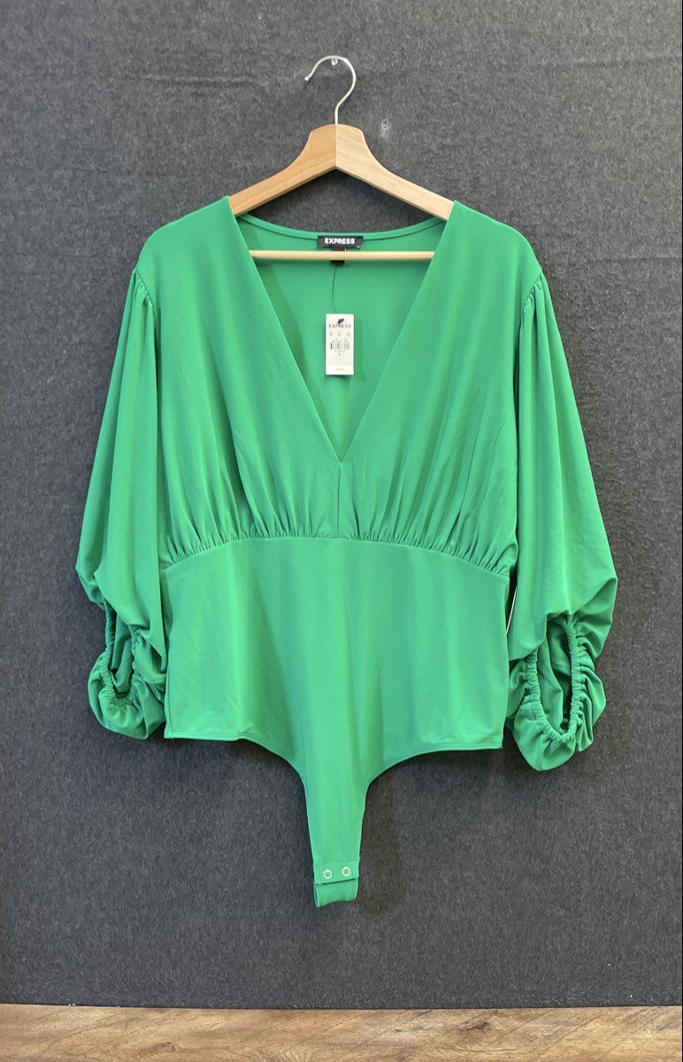 Express Women's Green V-Neck Long Puff Sleeve Ruched Cuff Bodysuit Sz XL NWT