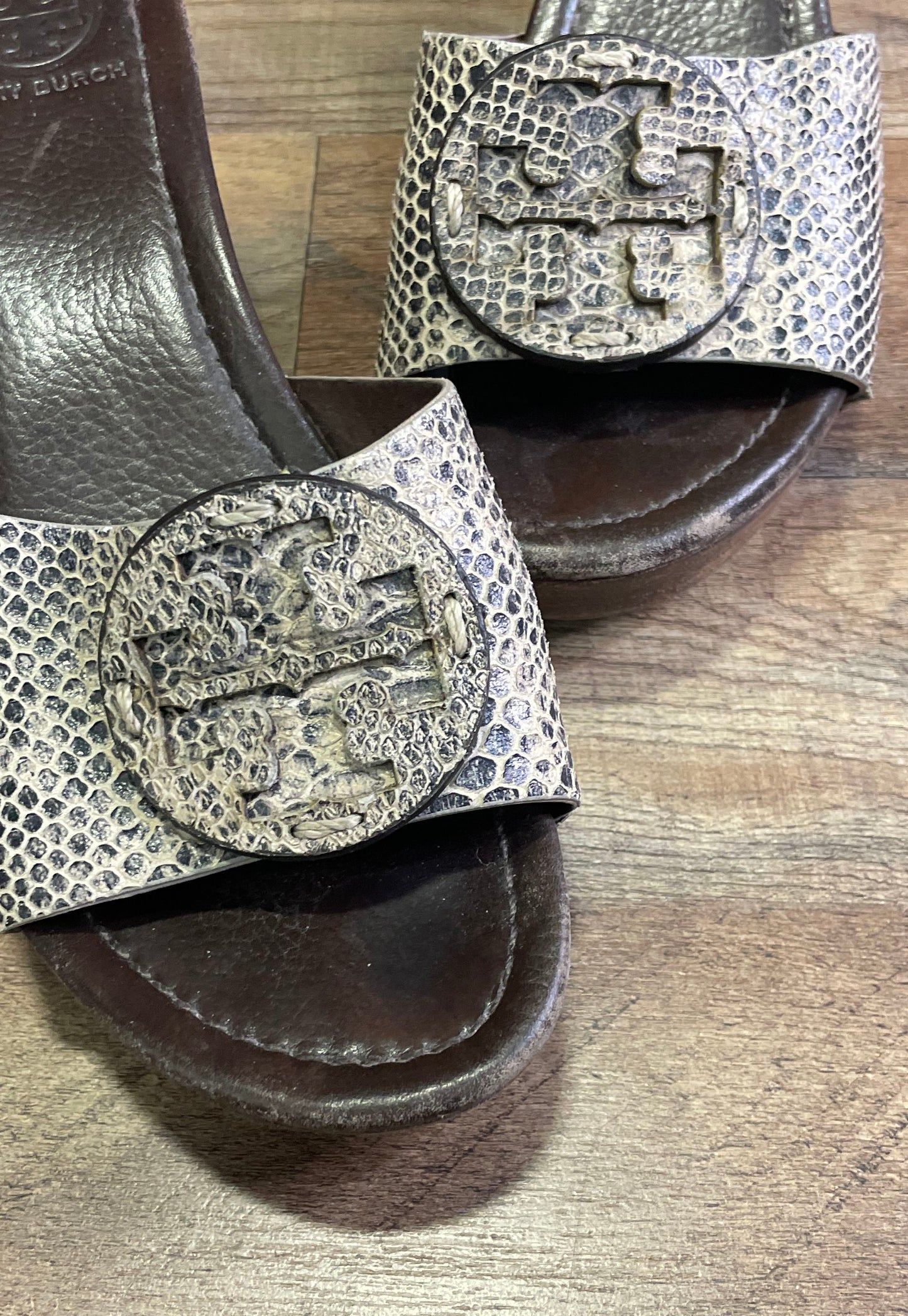 Tory Burch Snakeskin Leather Wooden Platform Wedge Slide Sandals Size 8.5
