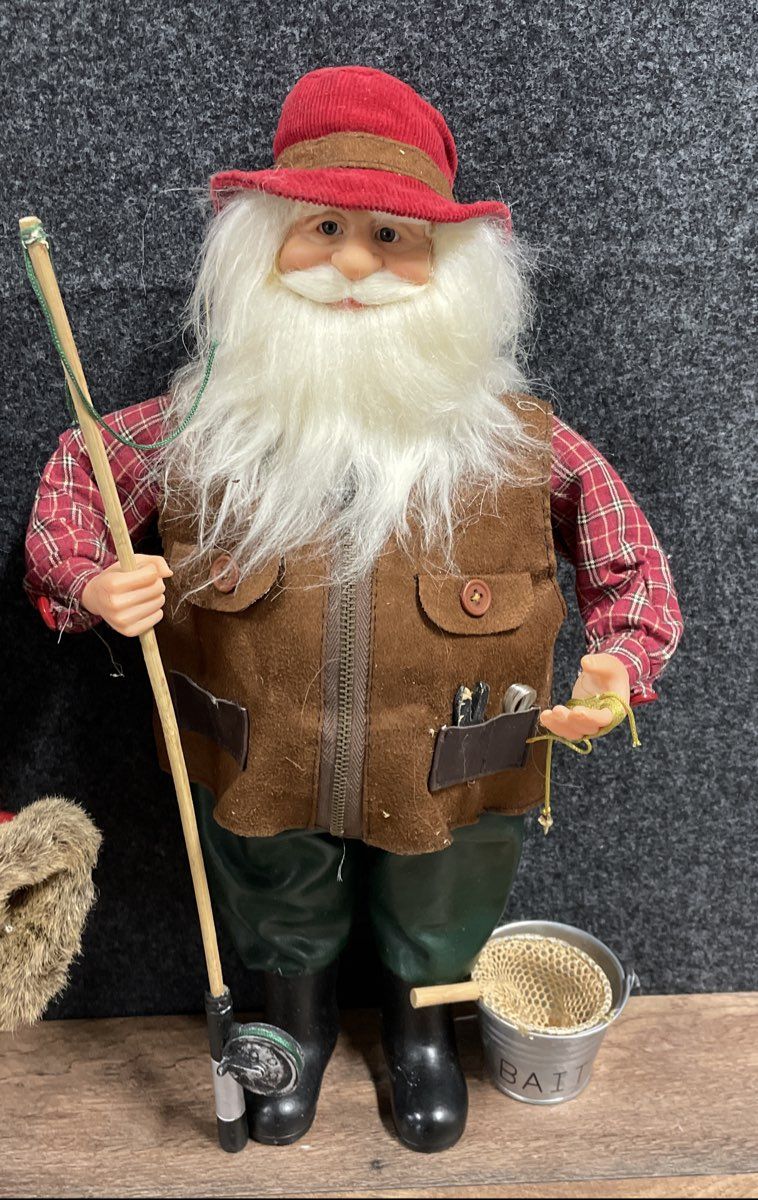 Lot of 2 Santa Claus Figures Fisherman & Rustic Plaid Holiday Tabletop Decor