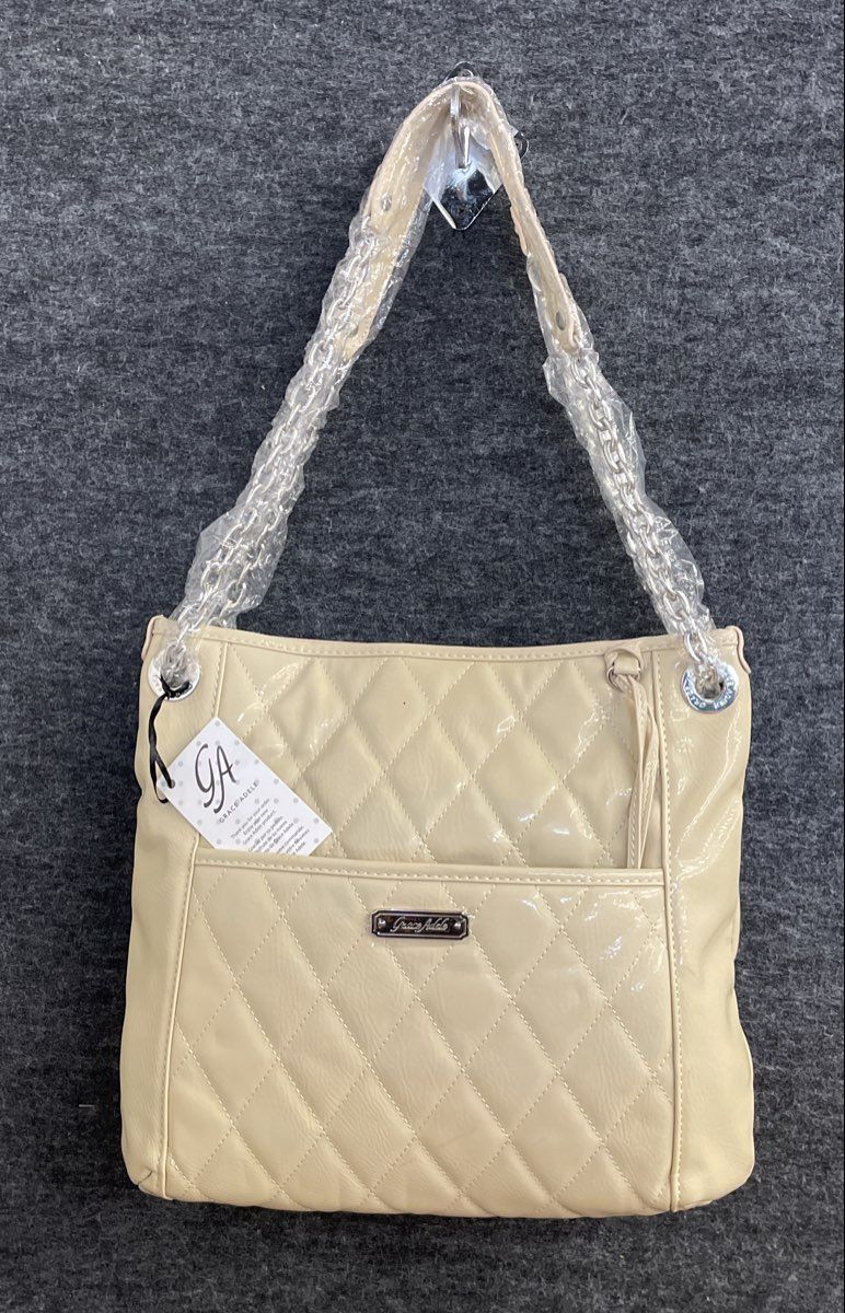 NWT Grace Adele Cream Quilted Patent Faux Leather Shoulder Bag Purse