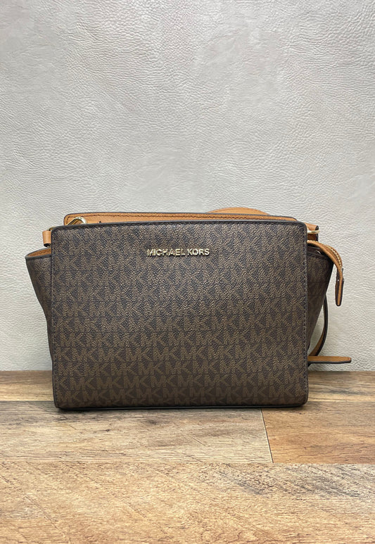 Michael Kors Brown Monogram Signature Crossbody Bag Gold Hardware