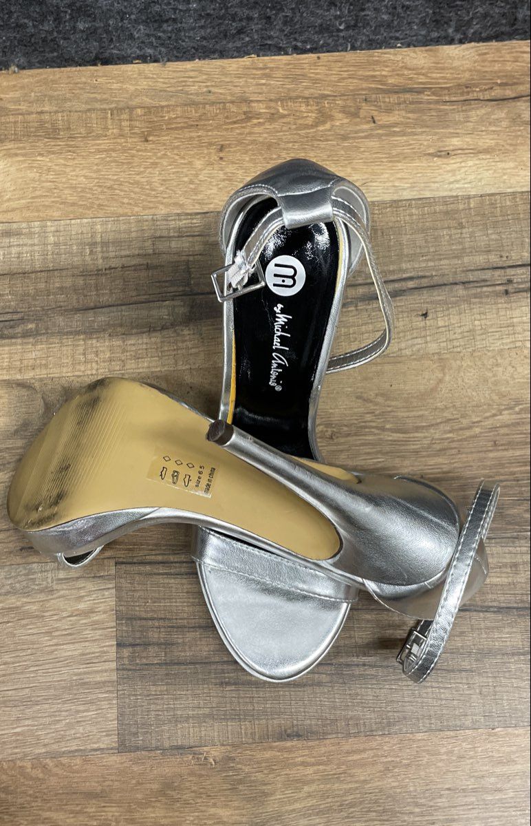 Michael Antonio Lovina Silver Metallic Ankle Strap D'Orsay High Heels Size 6.5