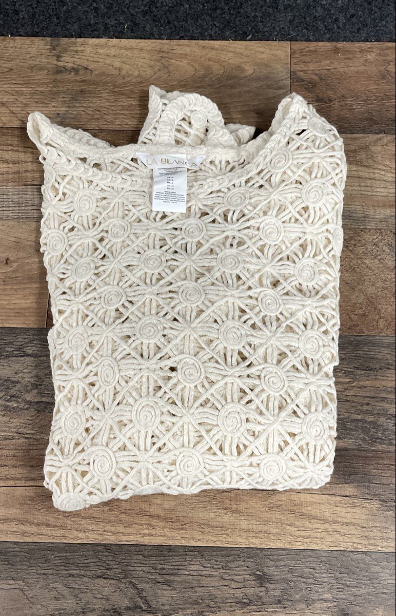La Blanca Women's Ivory Open Knit Crochet Beach Cover Up Shirt Sz M