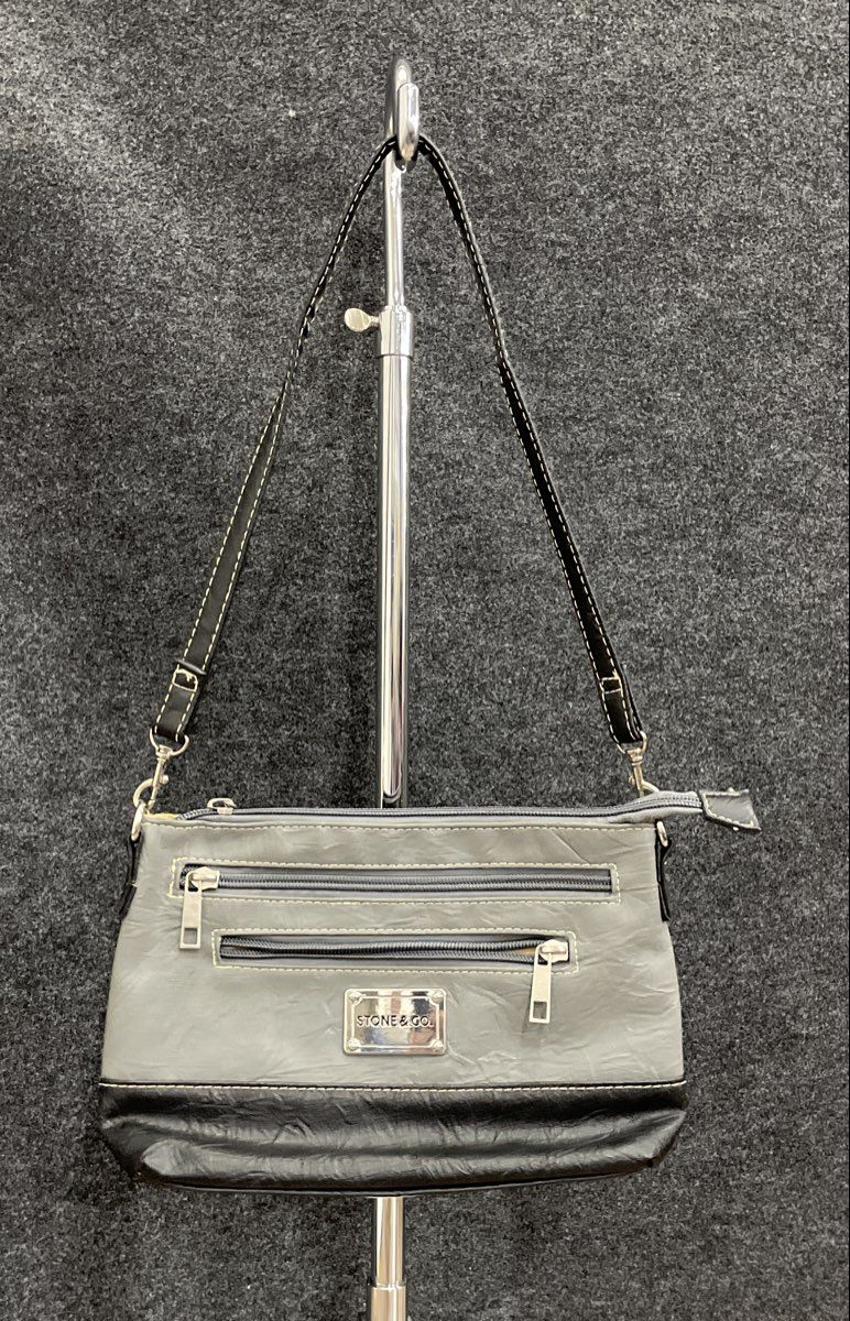 Stone & Co. Grey Black Leather Triple Zip Crossbody Shoulder Bag