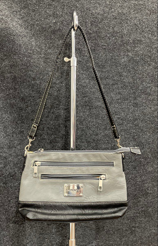 Stone & Co. Grey Black Leather Triple Zip Crossbody Shoulder Bag