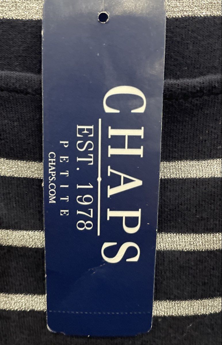 Chaps Women's Petite Blue Silver Metallic Striped Square Neck Top NWT Sz PXL