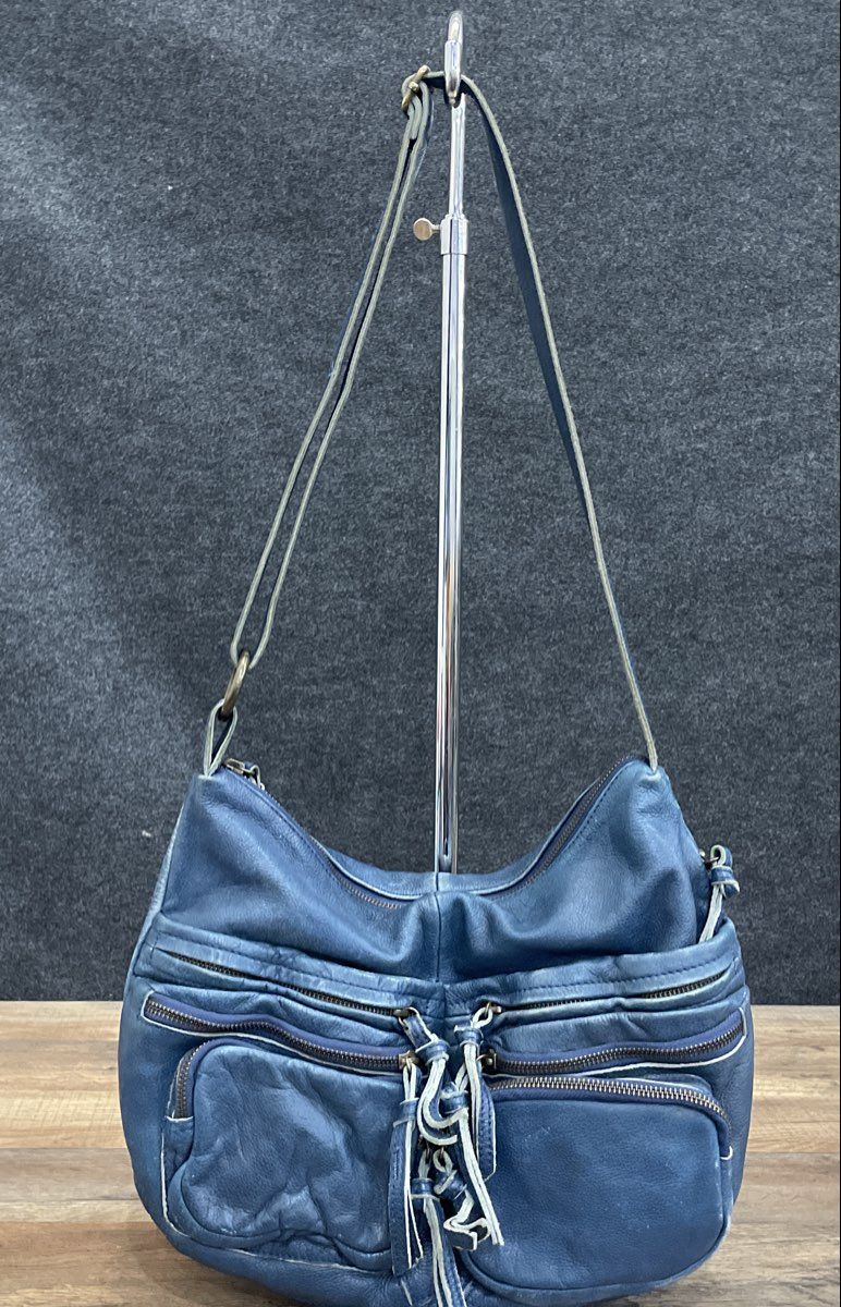 Vintage 2000s Tano Blue Leather Multi Pocket Hobo Shoulder Bag Brass Hardware