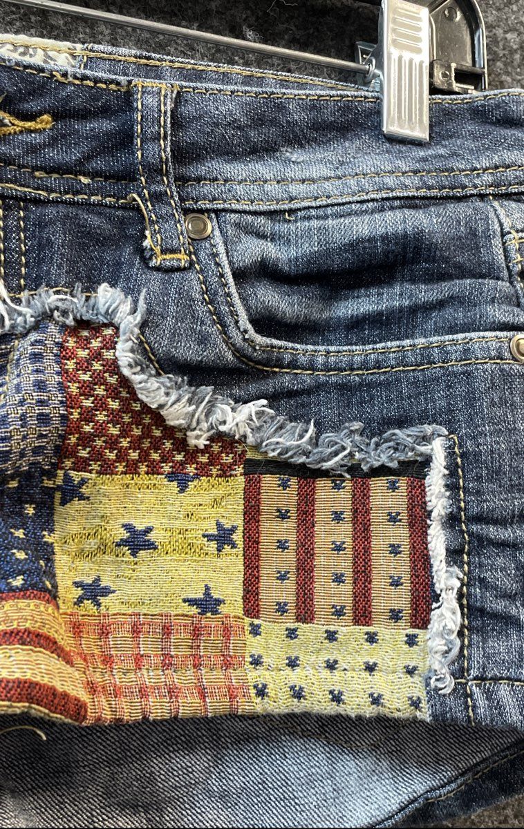 Hot Kiss Women's Denim Shorts Americana Patchwork Stars Stripes Distressed Sz 5