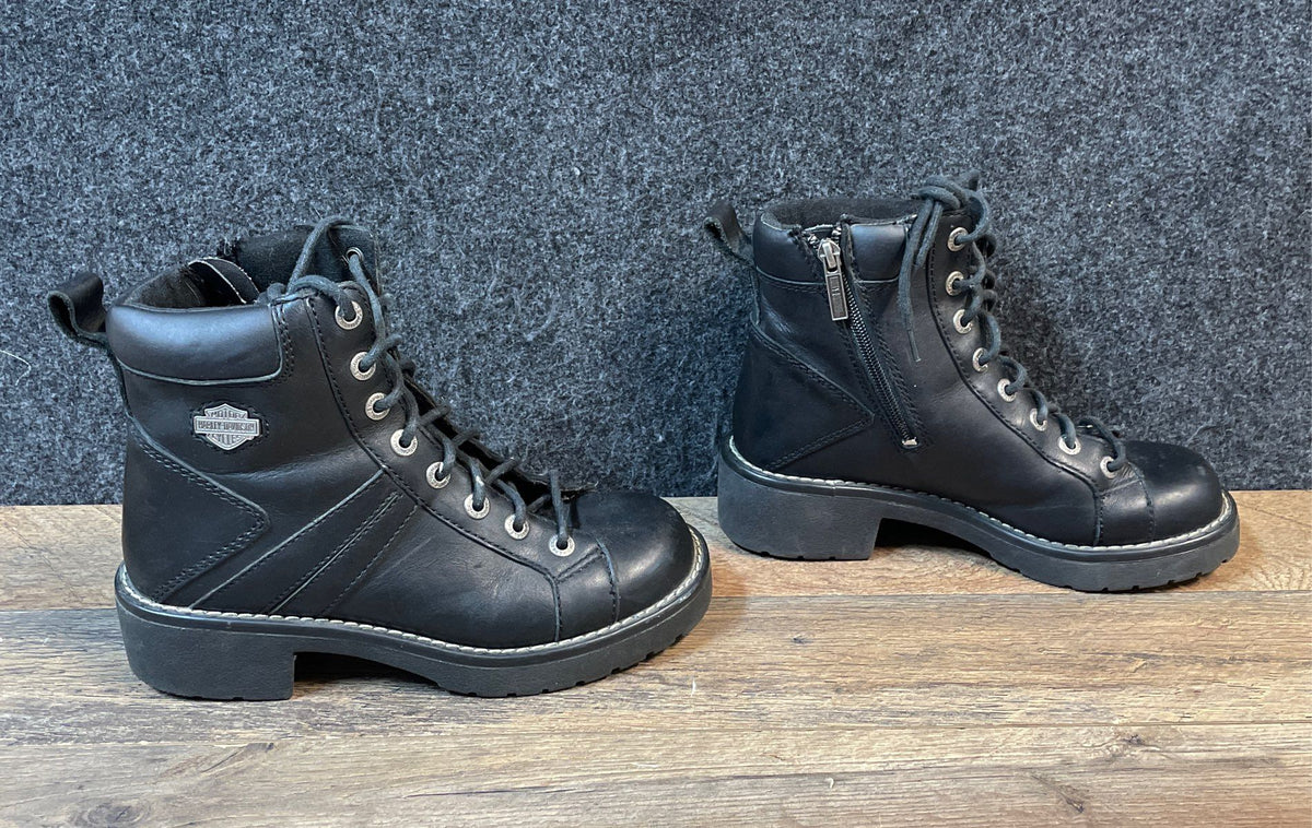 Harley Davidson Women's Black Leather Lace-Up Side Zip Motorcycle Boots Size 8