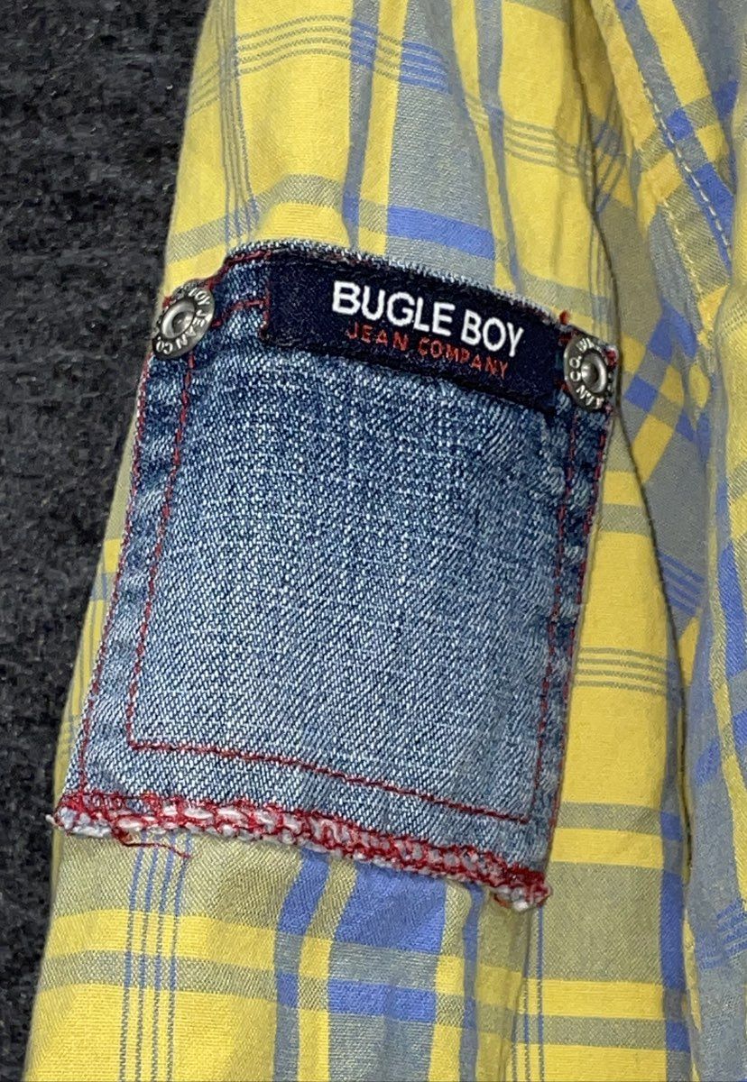 Vintage 90s Bugle Boy Men's Yellow Blue Plaid Graphic Button Down Shirt 2X