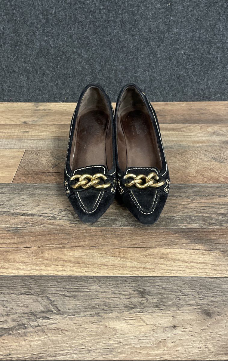 The Original Car Shoe Black Suede Gold Chain Kitten Heel Pumps Size 36.5