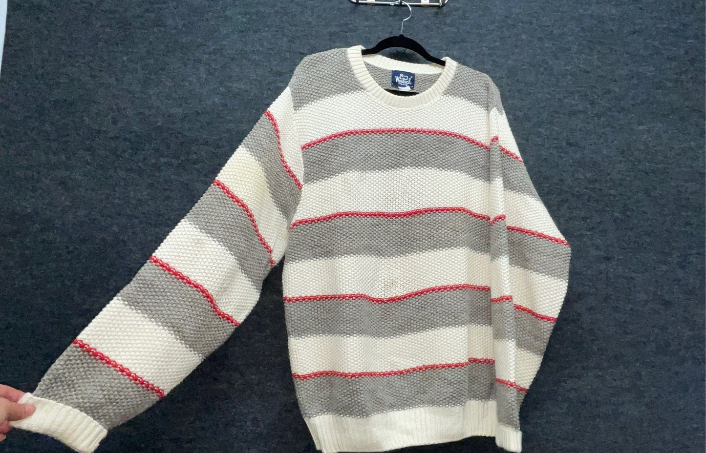 Vintage 90s Woolrich Men's Olive Gray Striped Cotton Crewneck Sweater Sz XL