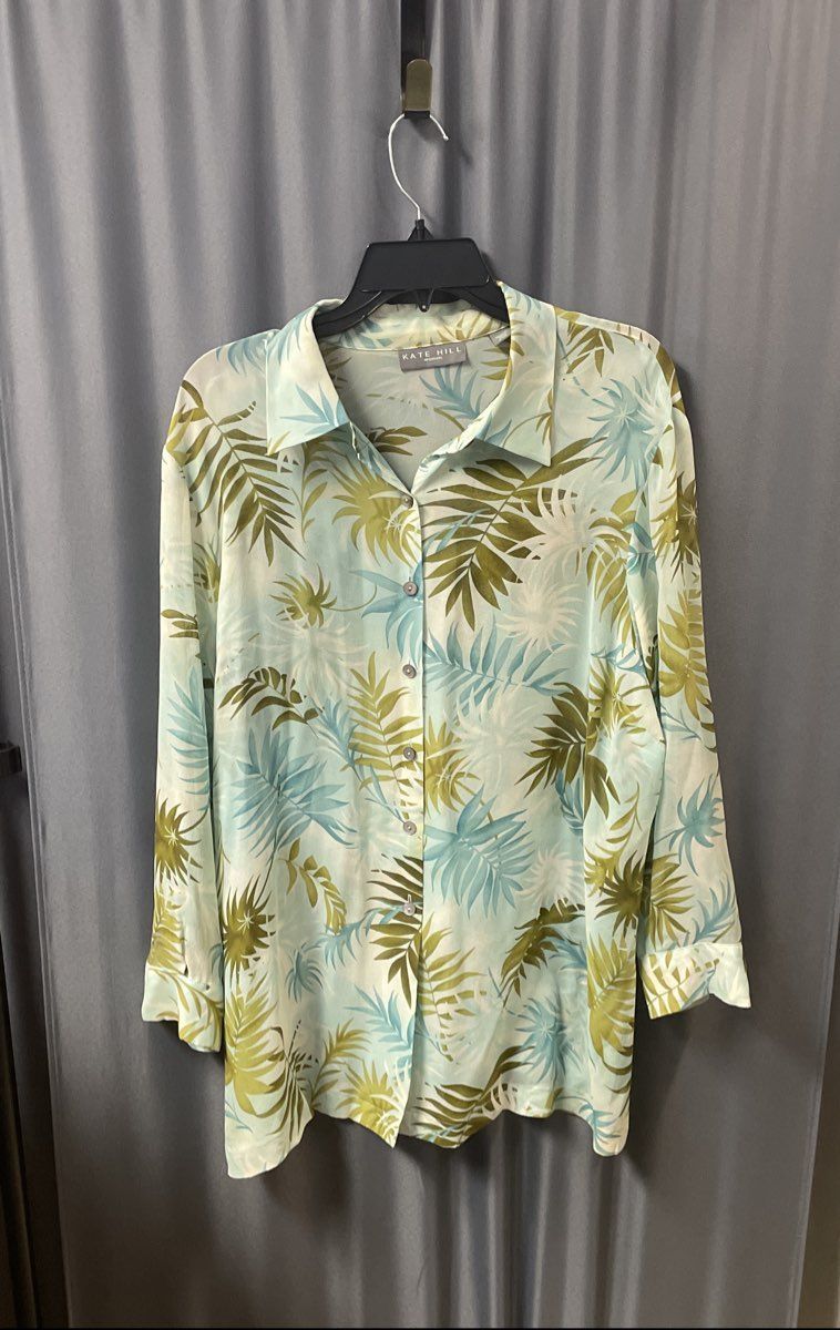 Kate Hill Women's Palm Tree Silk Button Down Top Green Blue Sz 18W
