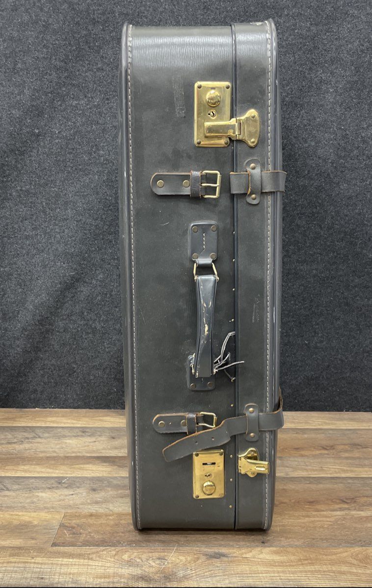 Vintage Grey Hardshell Suitcase Large Travel Luggage Brass Hardware