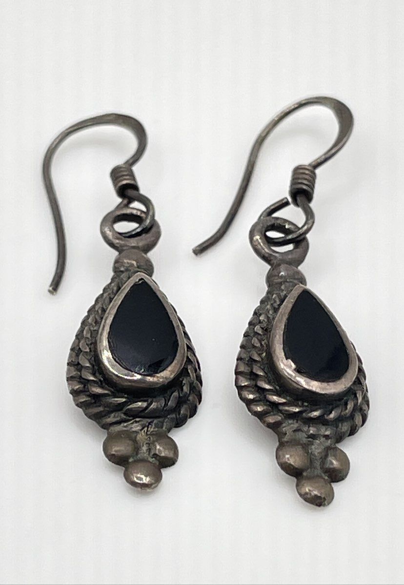 Marsala 925 Sterling Silver Black Onyx Teardrop Rope Bezel Dangle Earrings 2.7g