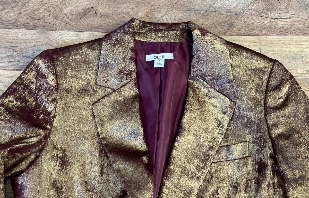 Bar III Women's Blazer Metallic Gold Burgundy Distressed Crest Button Sz 6