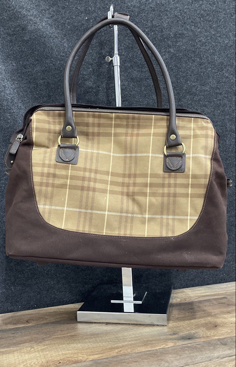 Eddie Bauer Brown Plaid Canvas Travel Weekender Satchel Bag Brass Hardware