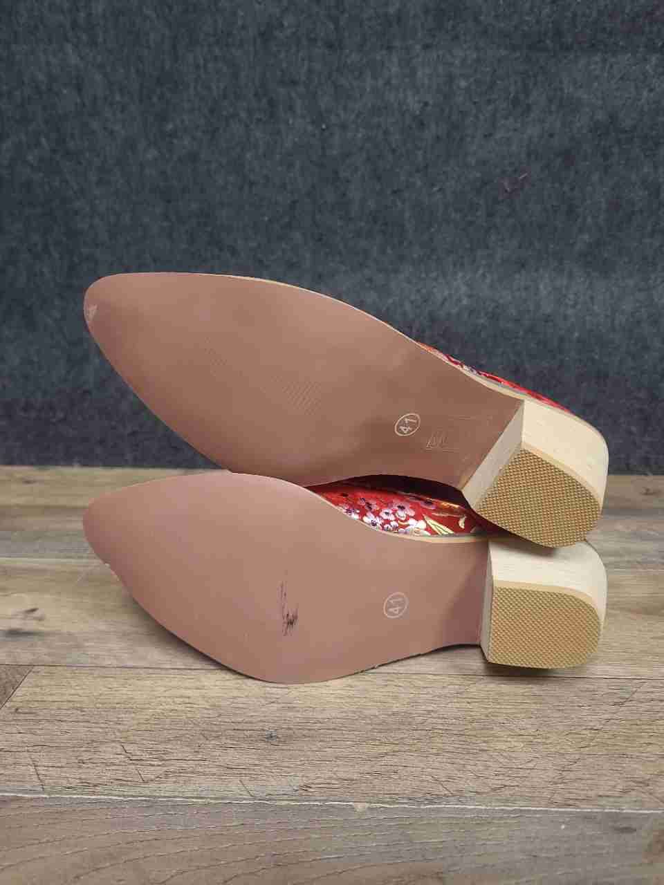 Red Floral Brocade Lace Up Pointed Toe Ankle Boots Women's Size 41