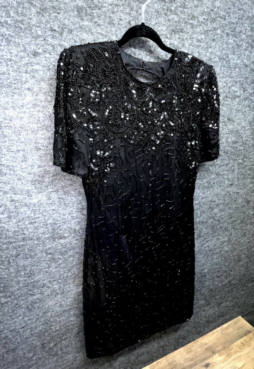 Vintage 90s Women's Black Beaded Sequined Cocktail Dress Keyhole Back