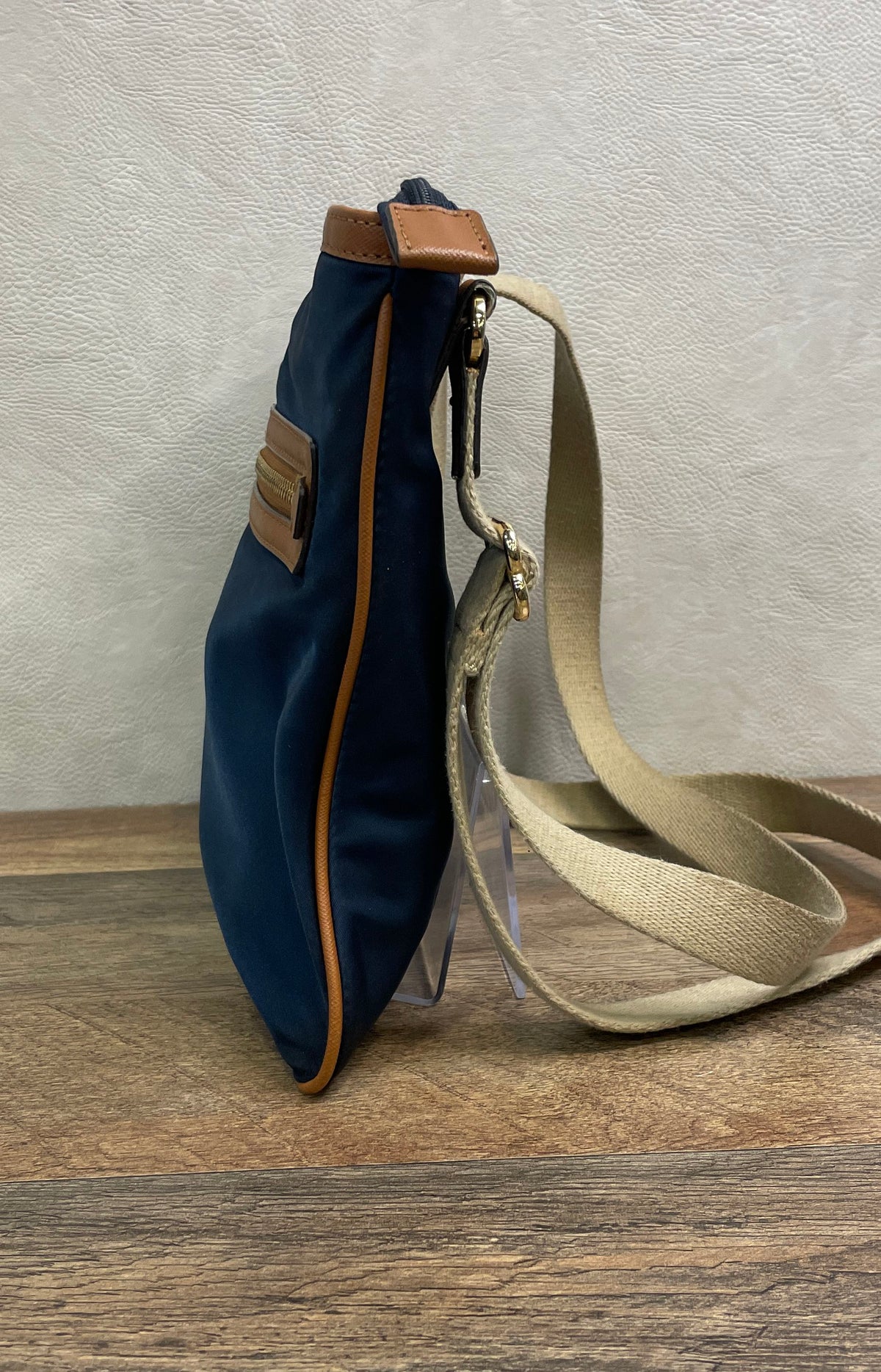 Michael Kors Navy Nylon Tan Leather Trim Crossbody Bag Gold Hardware